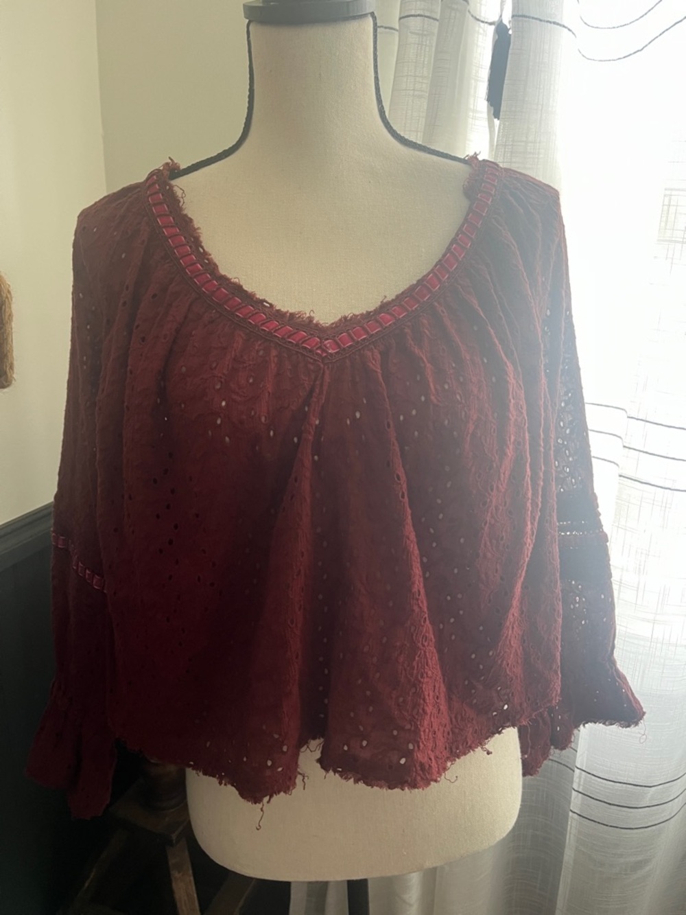 Free People Burgundy Eyelet Peasant Top